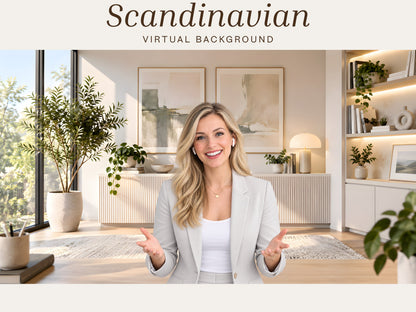 Digital Kim Designs Scandinavian virtual background featuring a bright, modern interior with wood tones and greenery.