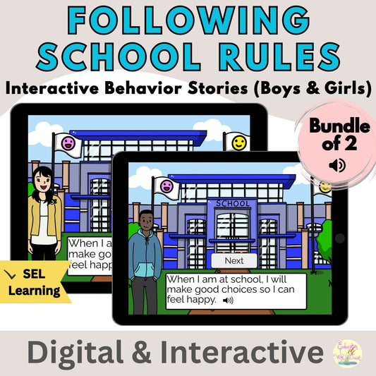 Digital Kim Designs Following School Rules interactive behavior stories bundle for SEL classroom management on tablets