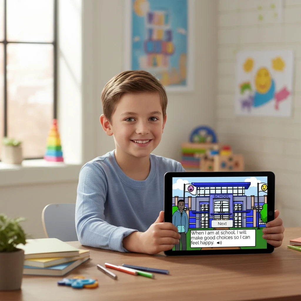 Digital Kim Designs Following School Rules Boom Cards on a tablet held by a young boy in a classroom setting.