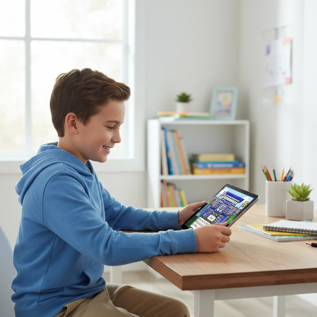 Digital Kim Designs Following School Rules Boom Cards bundle being used by a boy on a tablet for SEL learning.