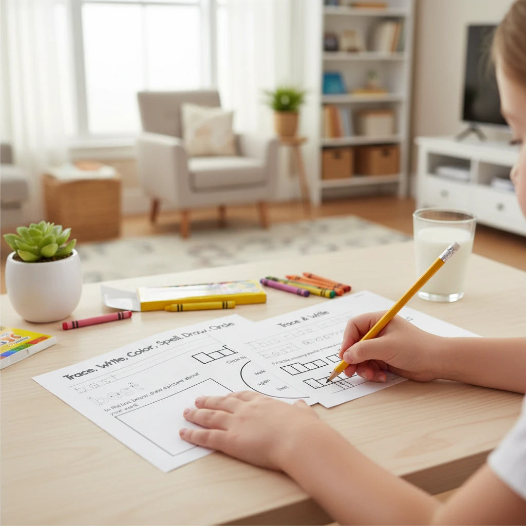 Digital Kim Designs sight word worksheets with tracing, writing, and drawing activities for students at a desk.