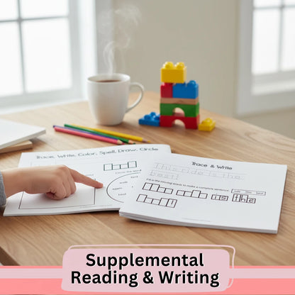 Digital Kim Designs printable sight word worksheets on a desk with a child pointing to a trace and write activity page.