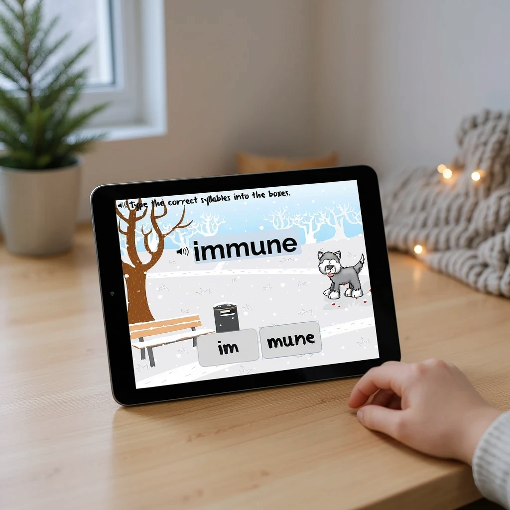 Digital Kim Designs interactive Boom Cards on a tablet showing a silent E syllable division activity with a wolf.