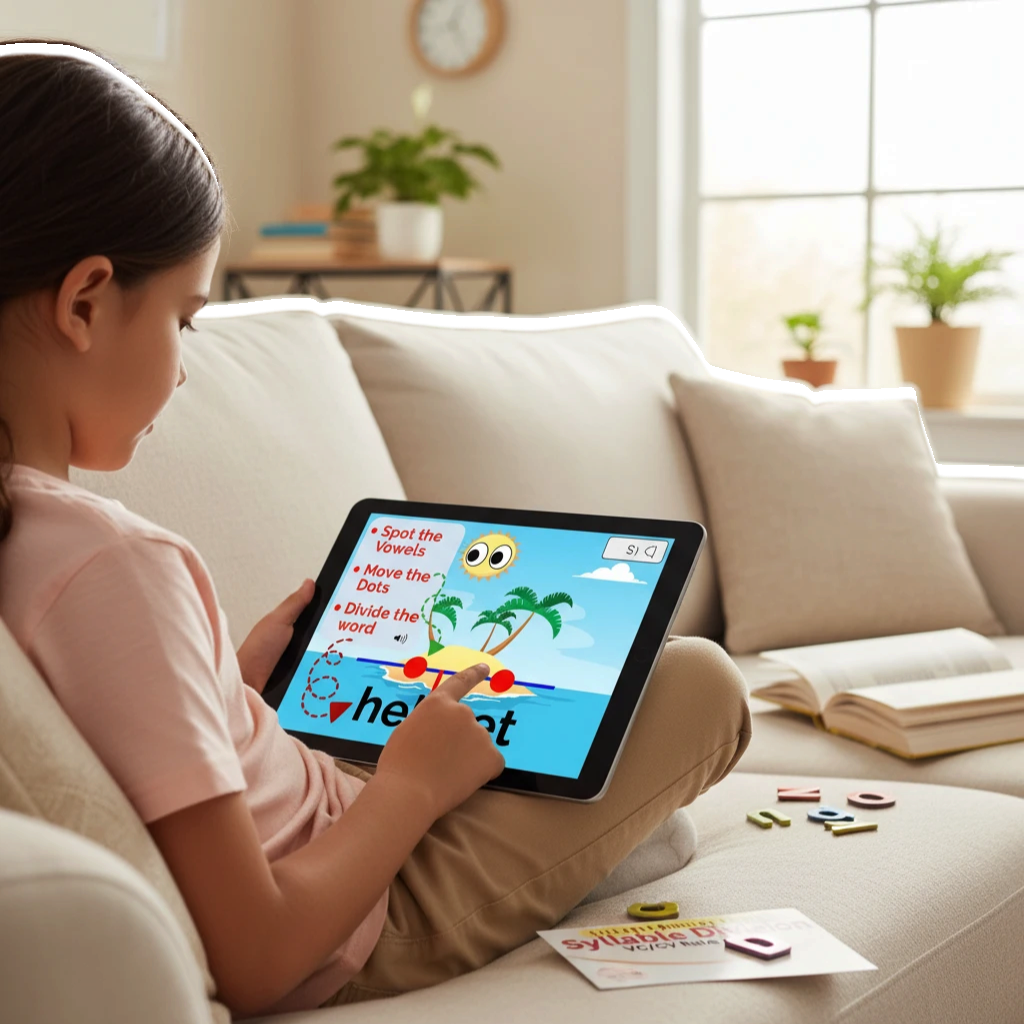 Digital Kim Designs VC/CV syllable division Boom Cards on a tablet being used by a student for reading practice.