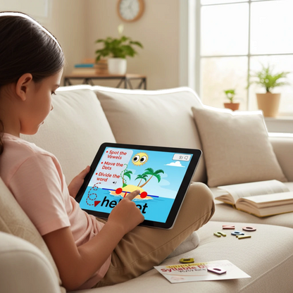 Digital Kim Designs VC/CV syllable division Boom Cards on a tablet being used by a student for reading practice.