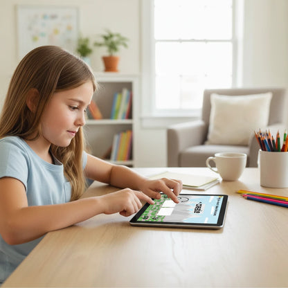 Digital Kim Designs V/V syllable division Boom Cards on a tablet used by a young girl at a desk for phonics practice