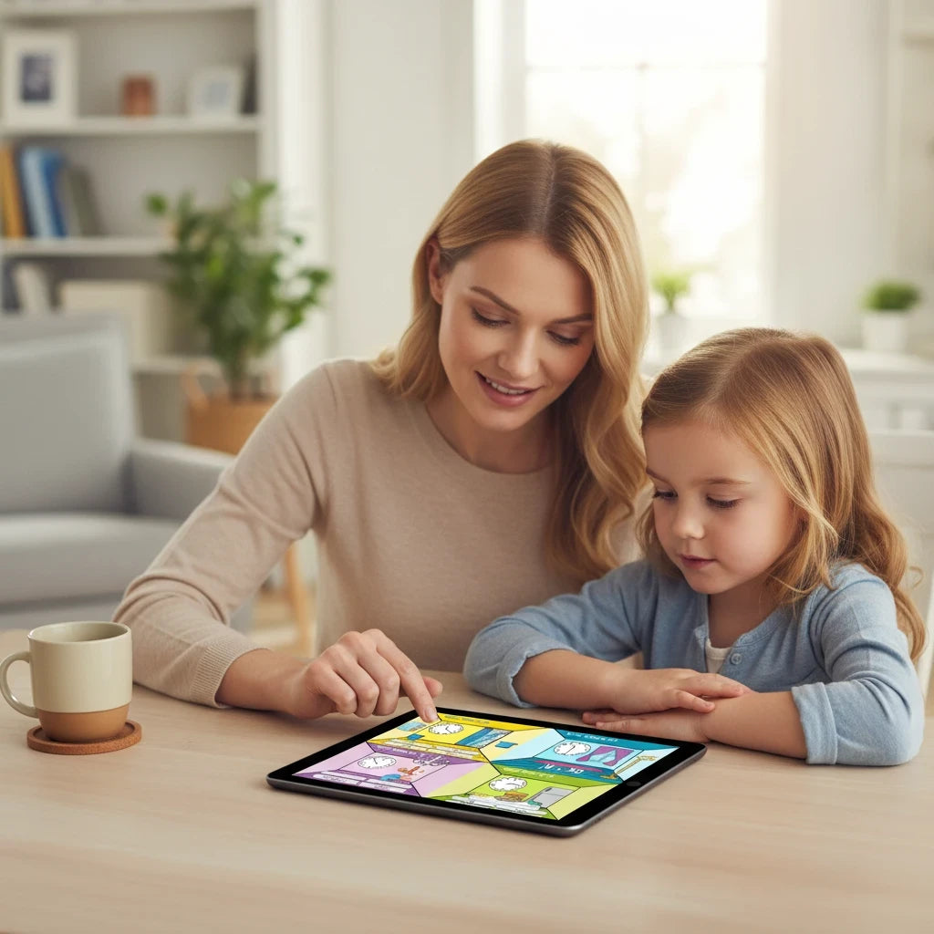 Digital Kim Designs telling time Boom Cards on a tablet being used by a teacher and student for interactive learning