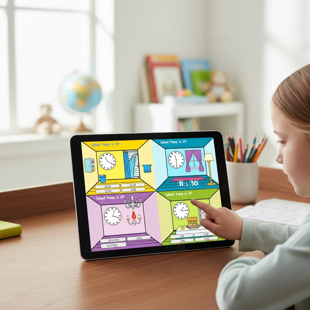 Digital Kim Designs Telling Time Boom Cards bundle displayed on a tablet being used by a young student for math practice
