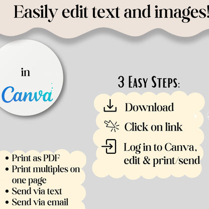 Digital Kim Designs editable Canva Thanksgiving invitation template instructions showing 3 easy steps to edit and print