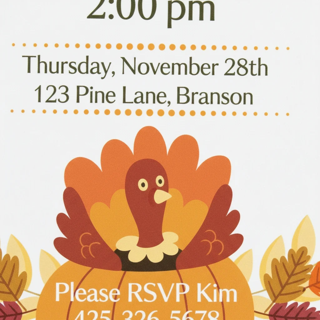 Digital Kim Designs editable Thanksgiving dinner invitation template featuring a cute turkey illustration on a pumpkin.