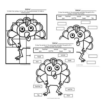 Digital Kim Designs Thanksgiving turkey coloring and labeling worksheets for K-3 students with puzzle activities.