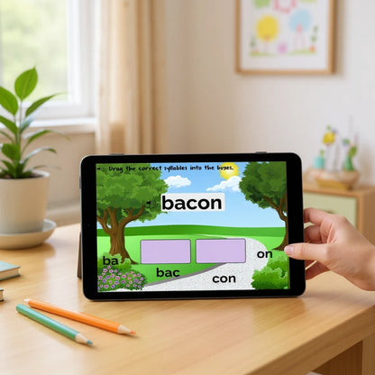 Digital Kim Designs V/CV syllable division Boom Cards on a tablet screen showing a word building phonics activity