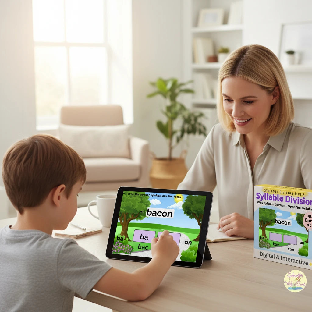 Digital Kim Designs V/CV syllable division Boom Cards on a tablet with a teacher and student in a classroom setting.