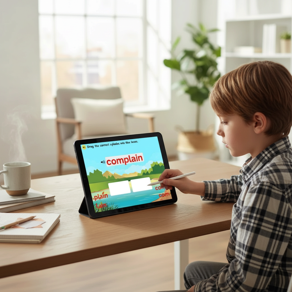 Digital Kim Designs VCCCV syllable division Boom Cards on a tablet being used by a student for phonics practice.
