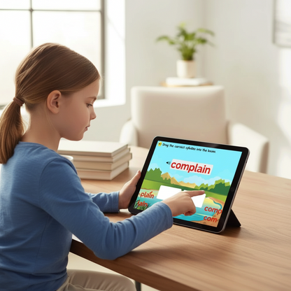 Digital Kim Designs VCCCV syllable division Boom Cards on a tablet used by a young girl for phonics practice