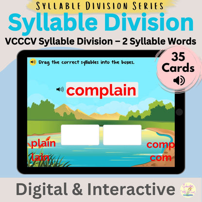 Digital Kim Designs VCCCV syllable division interactive Boom Cards for students to practice decoding multisyllabic words.