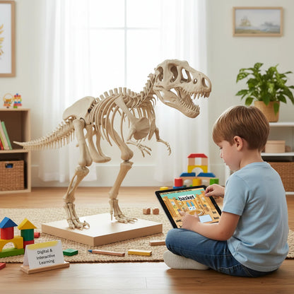 Digital Kim Designs VC/CV syllable division Boom Cards on a tablet with a child sitting by a T-Rex skeleton model.