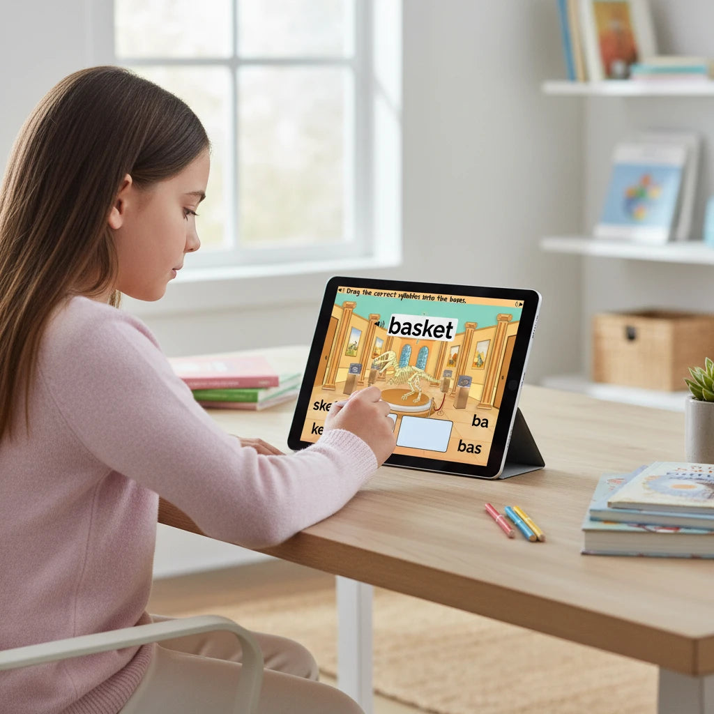 Digital Kim Designs VC/CV Boom Cards on a tablet being used by a student for interactive phonics syllable practice.