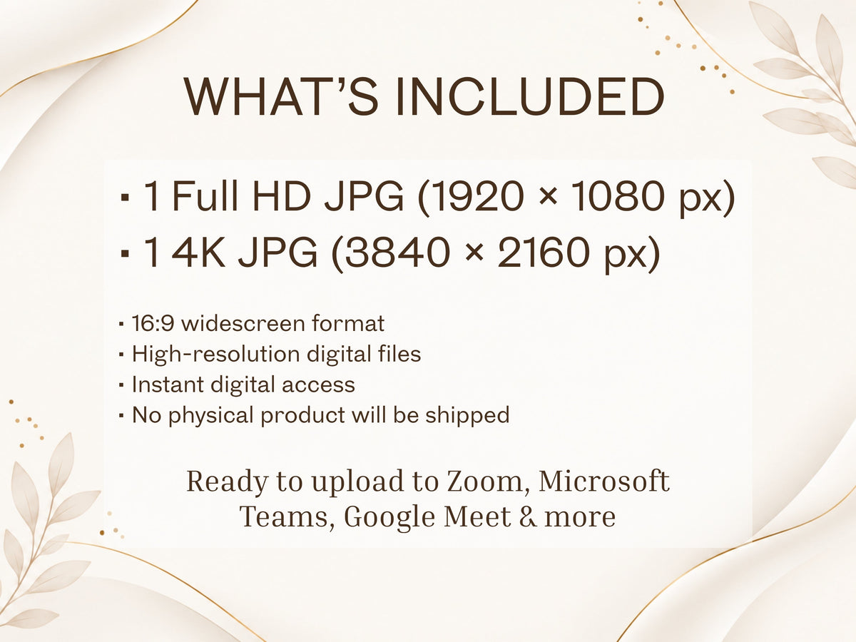 Digital Kim Designs virtual background product details listing resolutions and compatibility for Zoom and Teams
