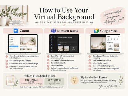 Digital Kim Designs instructional guide for setting up Scandinavian virtual backgrounds on Zoom, Teams, and Google Meet.