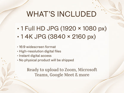 Digital Kim Designs virtual background product details listing resolutions and compatibility for video meetings.