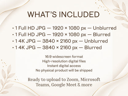 Digital Kim Designs virtual background set specifications list including HD and 4K resolutions for video meetings.