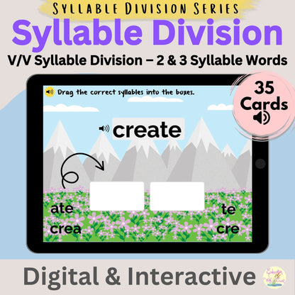 Digital Kim Designs V/V syllable division interactive Boom Cards showing a tablet with a drag-and-drop phonics activity