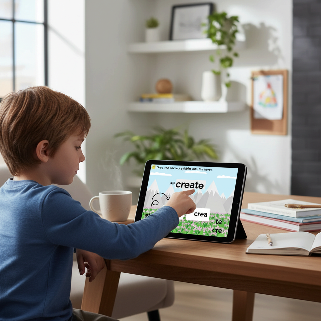 Digital Kim Designs V/V syllable division Boom Cards on a tablet being used by a child for interactive phonics practice