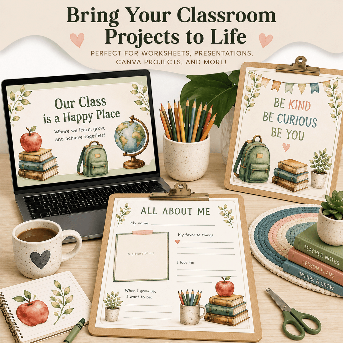 Digital Kim Designs watercolor classroom clipart displayed on a laptop, clipboard worksheets, and desk accessories.