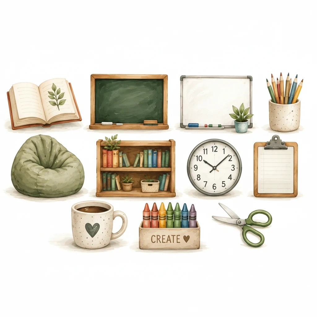 Digital Kim Designs watercolor classroom clipart set featuring a bean bag, bookshelf, chalkboard, and school supplies.