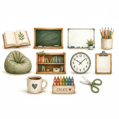 Digital Kim Designs watercolor classroom clipart set featuring a bean bag, bookshelf, chalkboard, and school supplies.