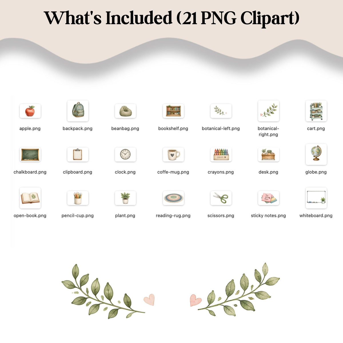 Digital Kim Designs watercolor classroom clipart set featuring 21 educational icons like a globe, desk, and books.