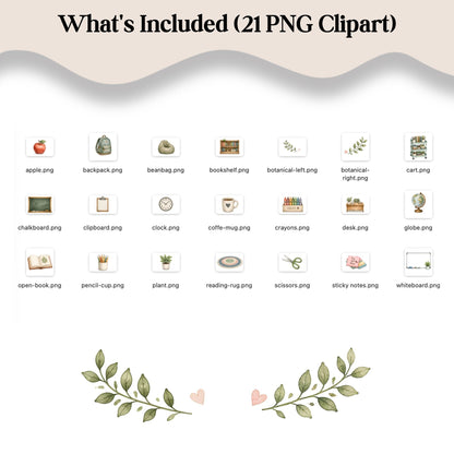 Digital Kim Designs watercolor classroom clipart set featuring 21 educational icons like a globe, desk, and books.