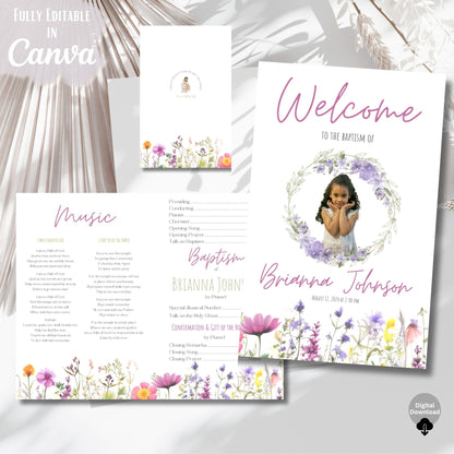 Digital Kim Designs wildflower LDS girl baptism program template with floral border and editable text in Canva