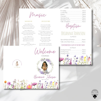 Digital Kim Designs wildflower baptism program template featuring floral illustrations and editable text for LDS girls.