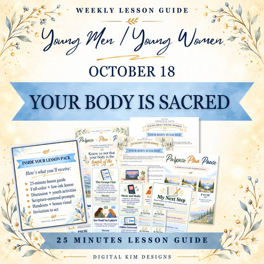 Digital Kim Designs Your Body Is Sacred lesson packet with printable guides, discussion cards, and posters for youth.
