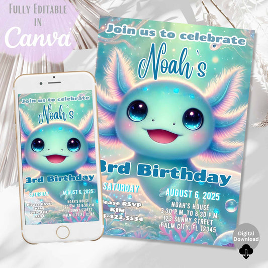 Editable Axolotl Birthday Invitation – Printable & Digital Evite – Faith - Based Printable by Digital Kim Designs