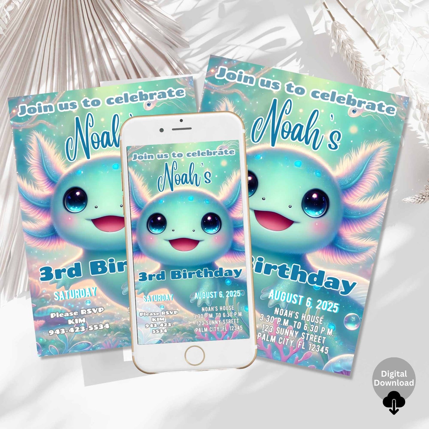 Editable Axolotl Birthday Invitation – Printable & Digital Evite – Faith - Based Printable by Digital Kim Designs