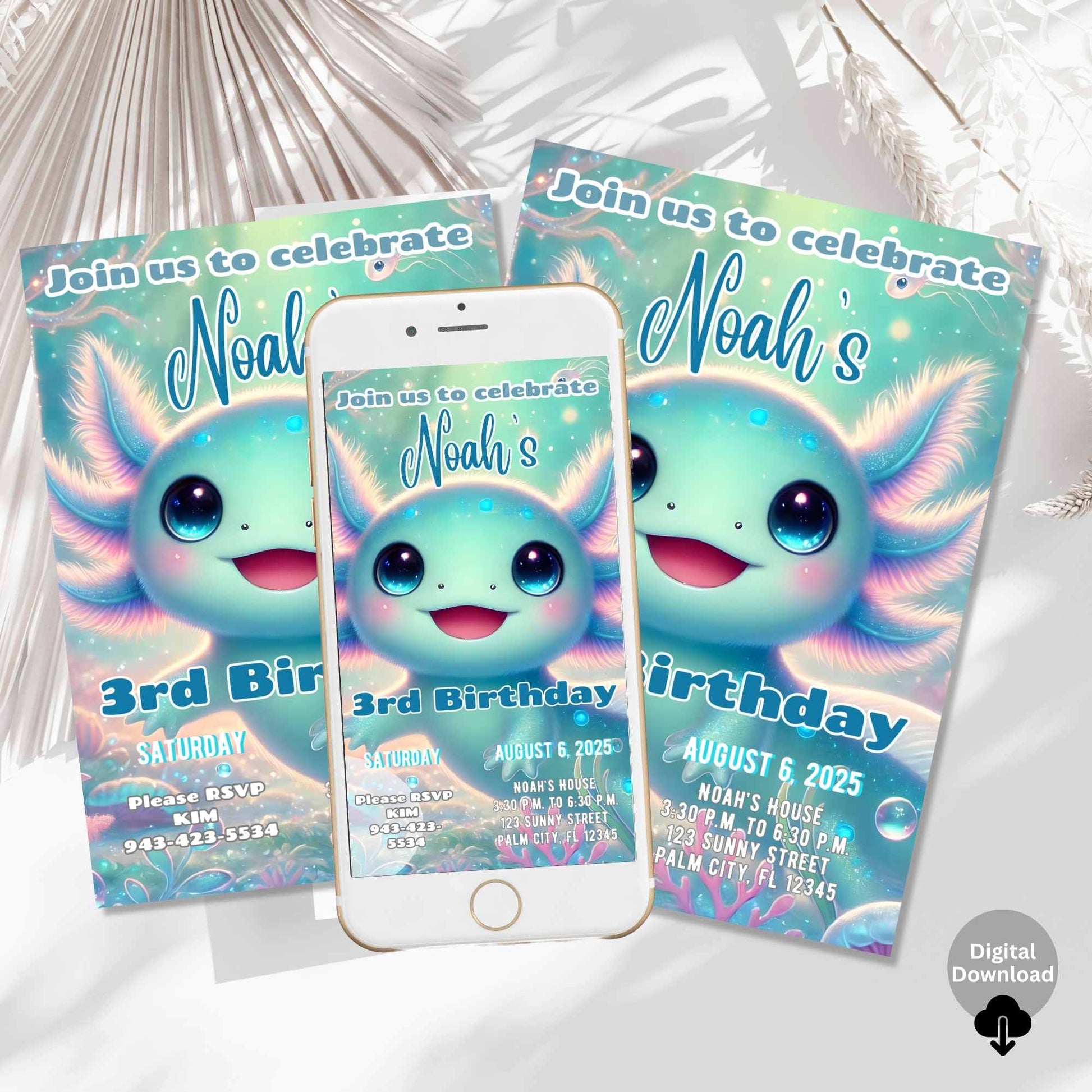 Editable Axolotl Birthday Invitation – Printable & Digital Evite – Faith - Based Printable by Digital Kim Designs