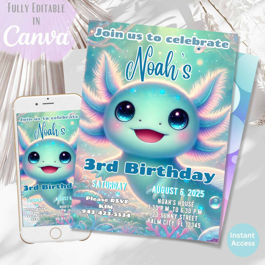 Editable Axolotl Birthday Invitation – Printable & Digital Evite – Faith - Based Printable by Digital Kim Designs