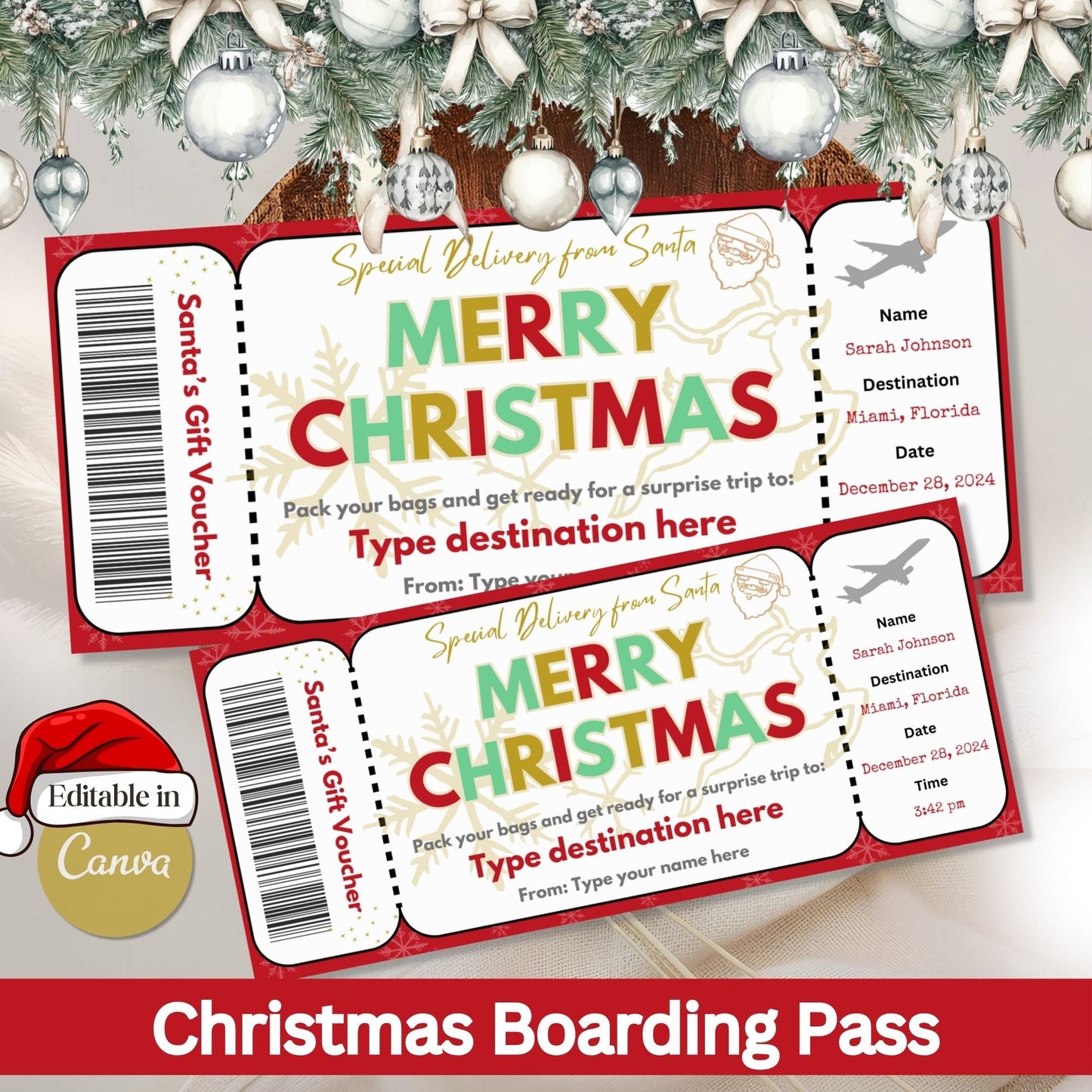 Editable Christmas Boarding Pass Gift Ticket | Santa’s Trip Voucher Printable (Digital Download) – Digital Printable by Digital Kim Designs