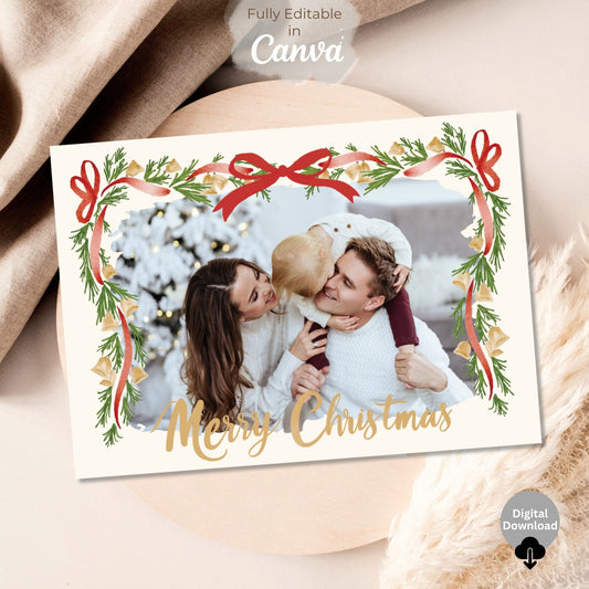 Editable Christmas Photo Card Template – Boho Garland Design, Canva Holiday Card (Digital Download) – Digital Printable by Digital Kim Designs