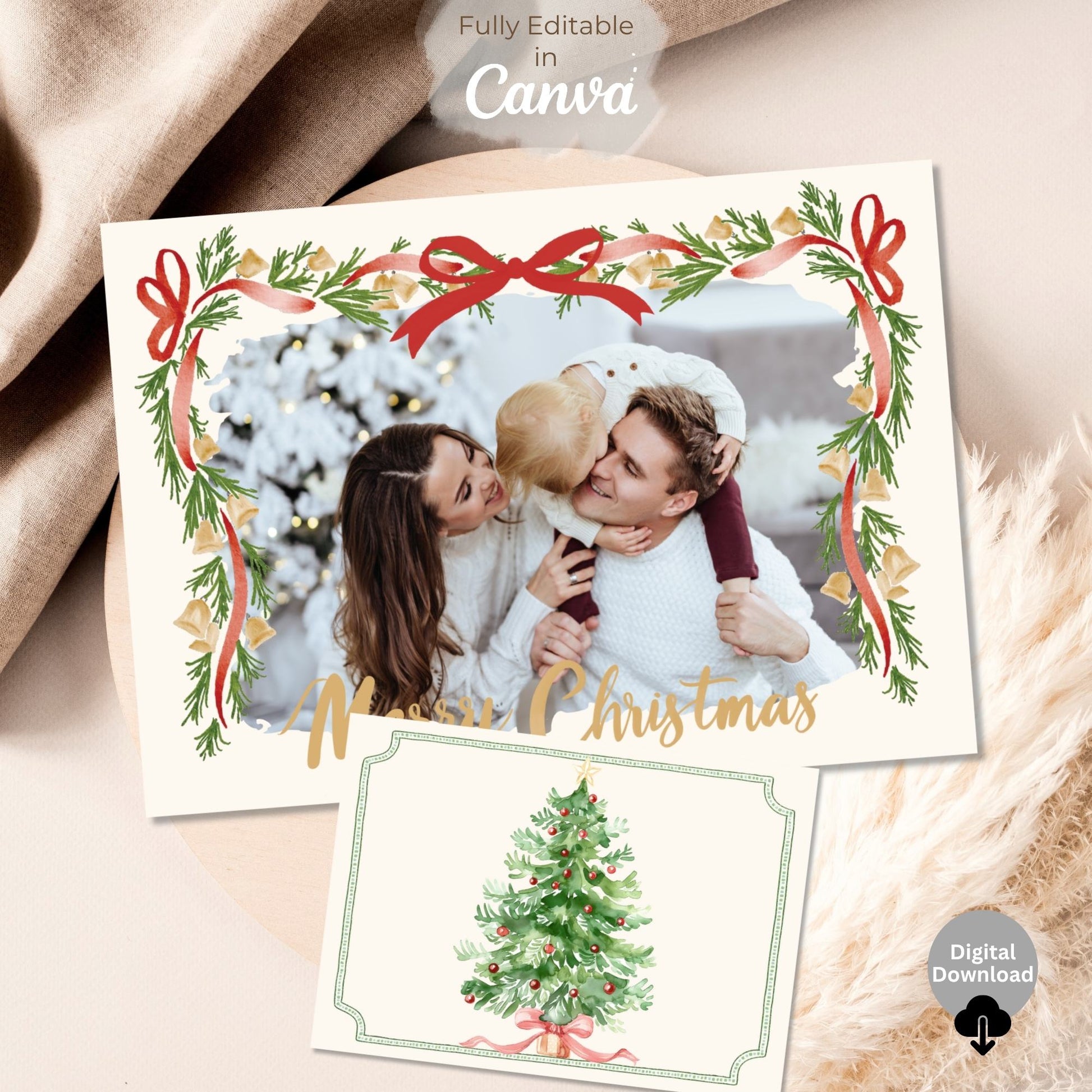 Editable Christmas Photo Card Template – Boho Garland Design, Canva Holiday Card (Digital Download) – Digital Printable by Digital Kim Designs
