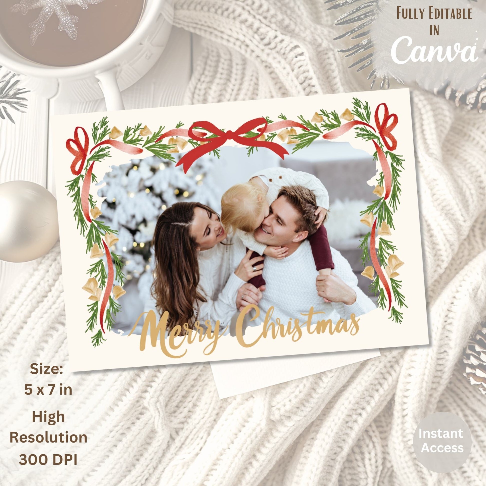 Editable Christmas Photo Card Template – Boho Garland Design, Canva Holiday Card (Digital Download) – Digital Printable by Digital Kim Designs