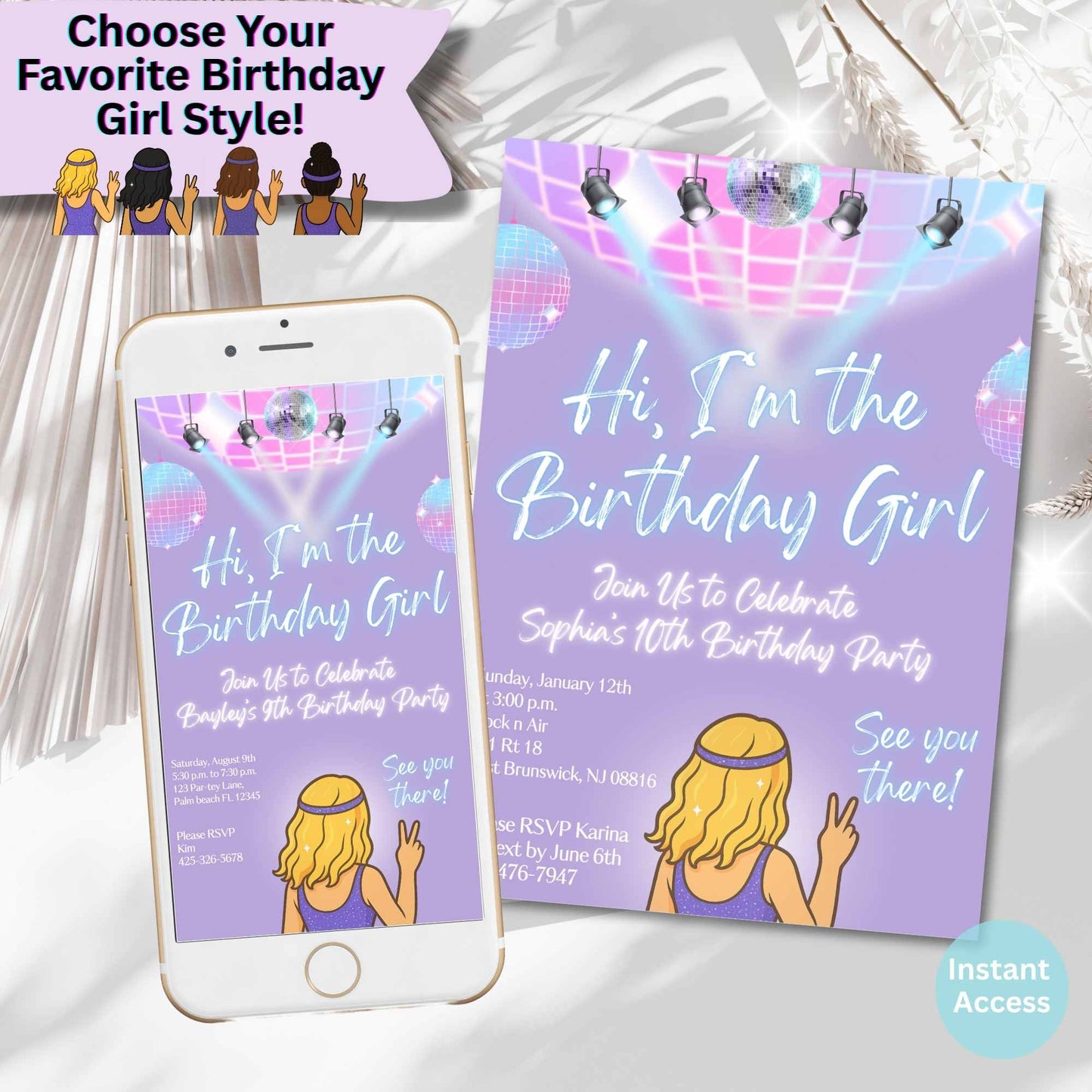 Editable Disco Birthday Invitation – "Hi, I'm the Birthday Girl" Canva Template – Tween Party Invite with Customizable Character – Faith - Based Printable by Digital Kim Designs