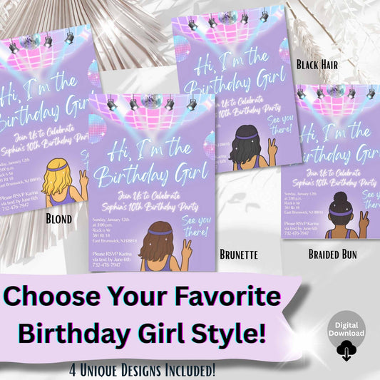 Editable Disco Birthday Invitation – "Hi, I'm the Birthday Girl" Canva Template – Tween Party Invite with Customizable Character – Faith - Based Printable by Digital Kim Designs