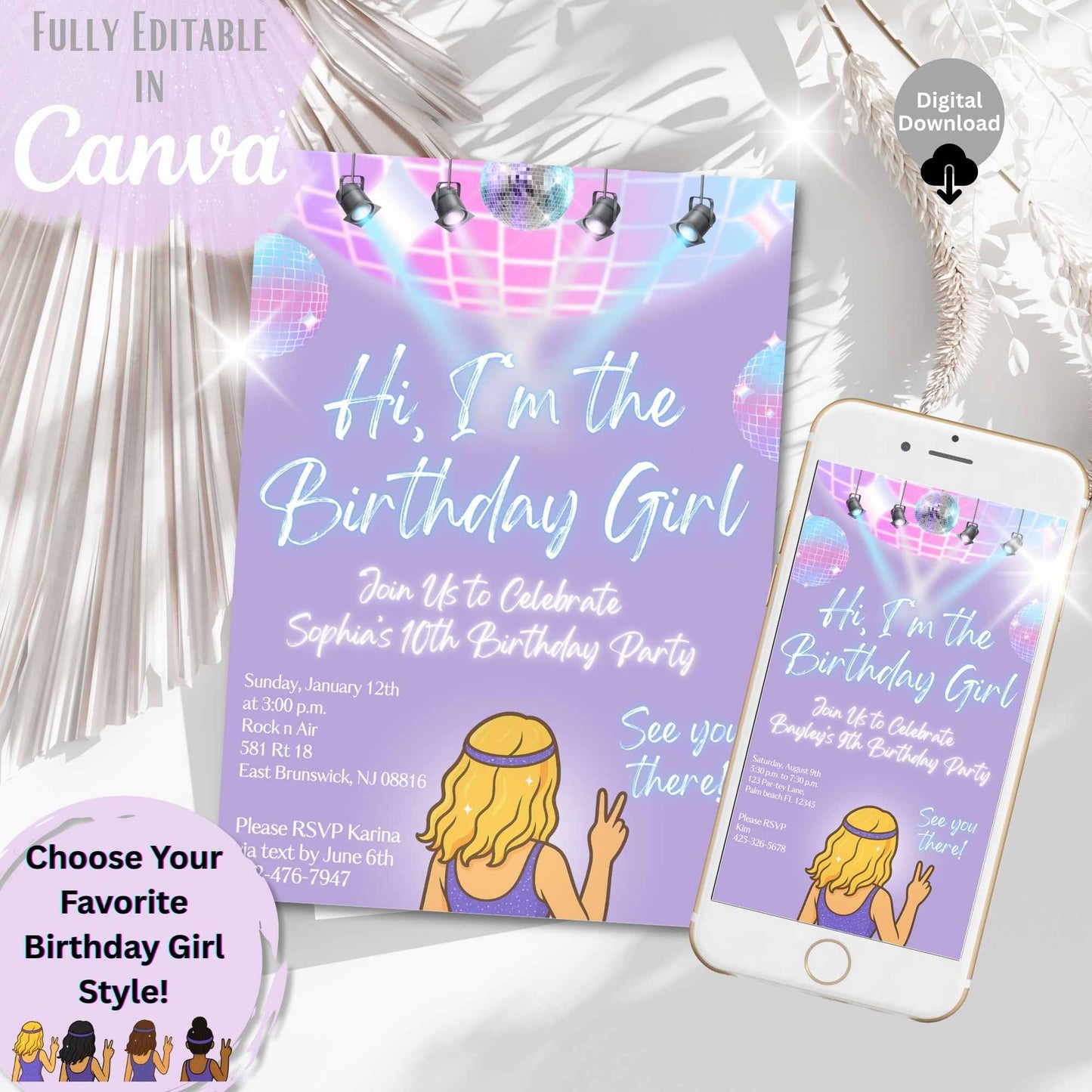 Editable Disco Birthday Invitation – "Hi, I'm the Birthday Girl" Canva Template – Tween Party Invite with Customizable Character – Faith - Based Printable by Digital Kim Designs
