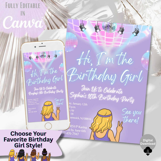 Editable Disco Birthday Invitation – "Hi, I'm the Birthday Girl" Canva Template – Tween Party Invite with Customizable Character – Faith - Based Printable by Digital Kim Designs