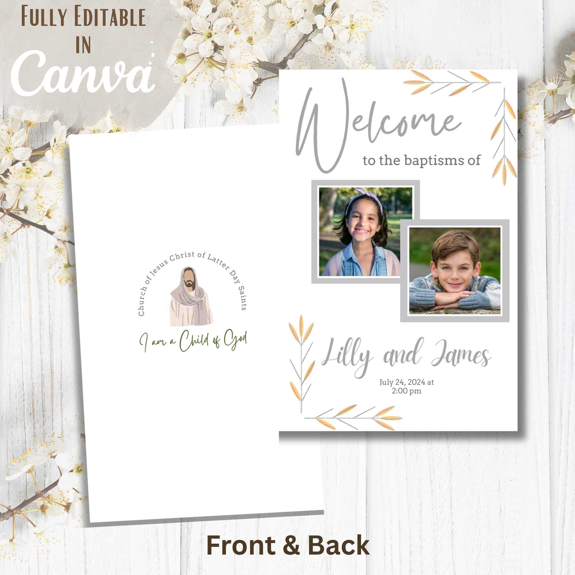 Editable Dual LDS Baptism Program Template | Foldable Printable for 2 Kids | Gender Neutral Canva Design | Instant Download – Faith - Based Printable by Digital Kim Designs