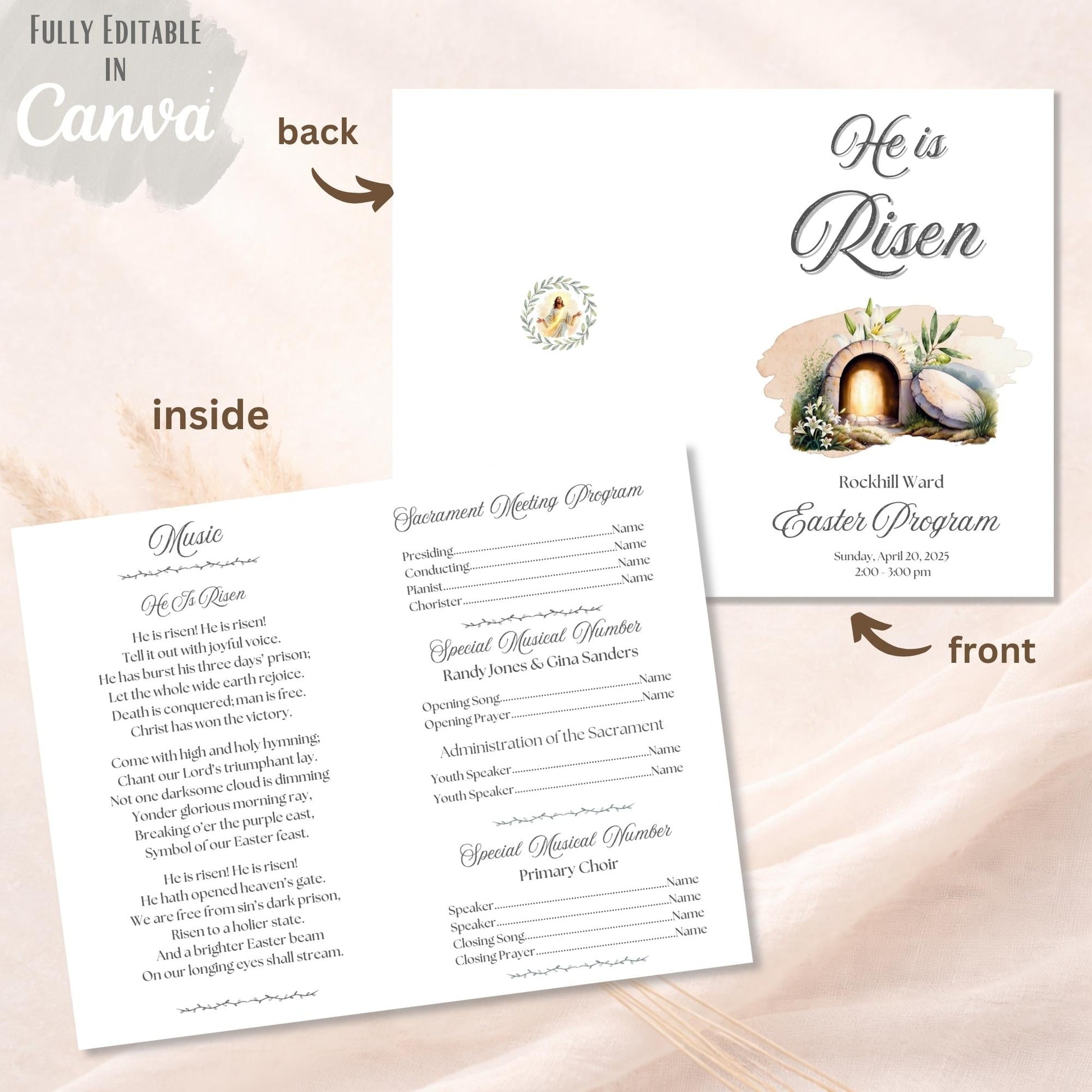 Editable Easter Church Program Template – He Is Risen (LDS Canva Download) – Digital Printable by Digital Kim Designs